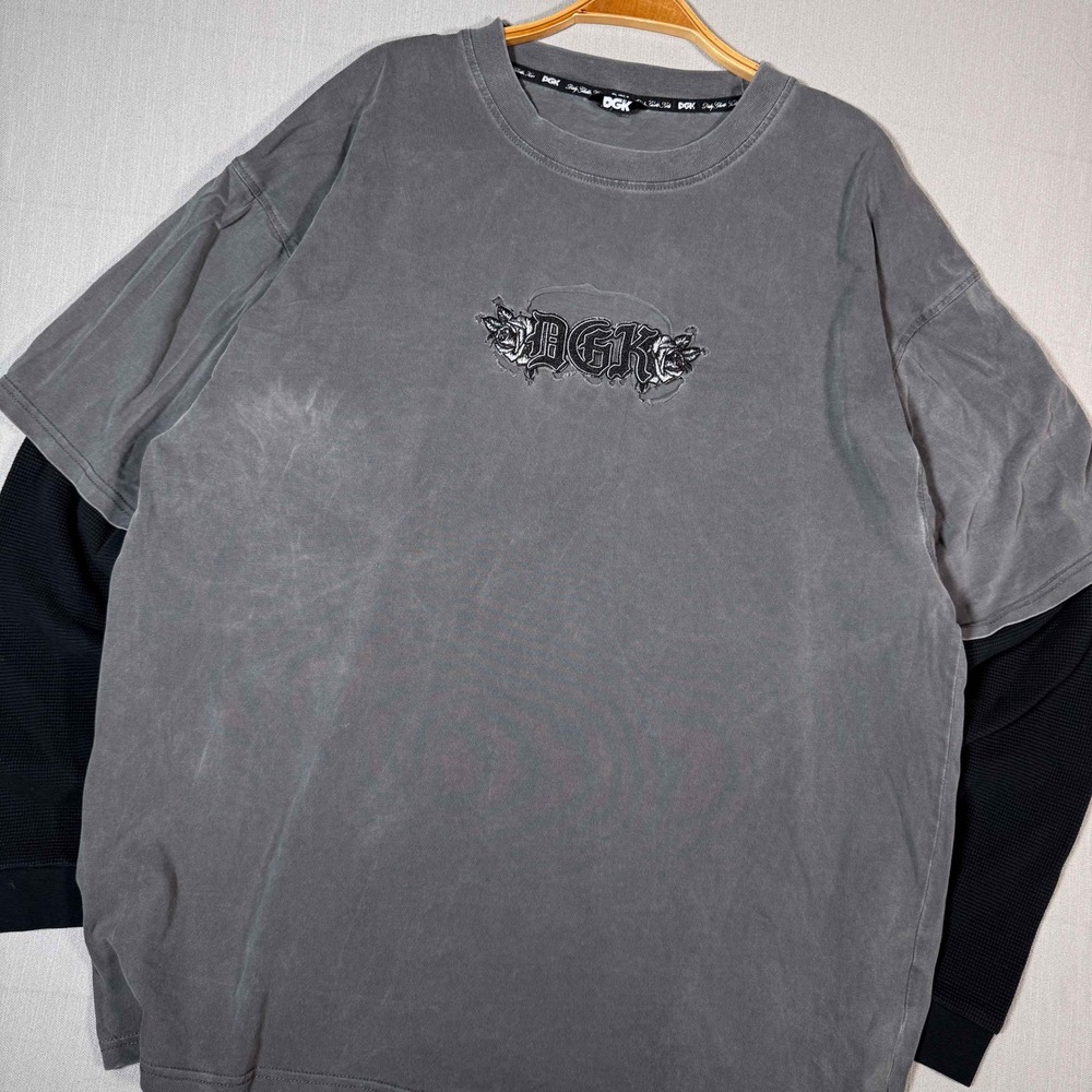 DGK Double Layer Long Sleeve Shirt Washed Grey Black Thermal Skate Streetwear L